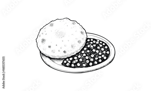 Hand-drawn indian puri and chole chickpeas dish on plate. Vector retro hand drawn illustration