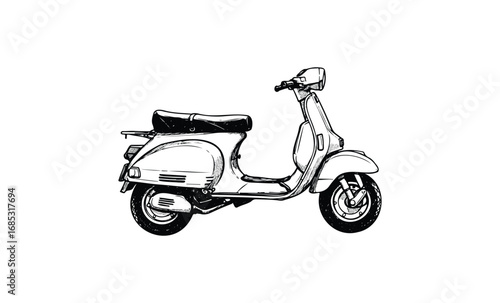 Vintage scooter illustration: classic retro design in black and white. Vector retro hand drawn illustration