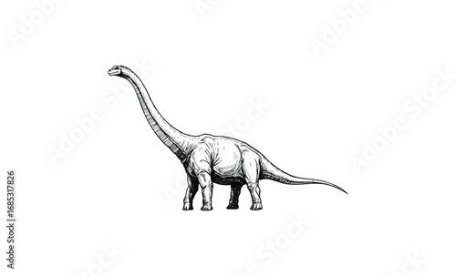 Detailed black and white drawing of a brachiosaurus dinosaur. Vector retro hand drawn illustration
