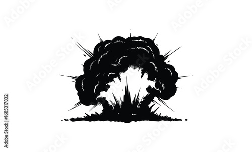Dynamic black ink explosion with radiating lines. Vector retro hand drawn illustration