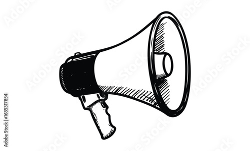Hand-drawn megaphone illustration in black and white line art style. Vector retro hand drawn illustration