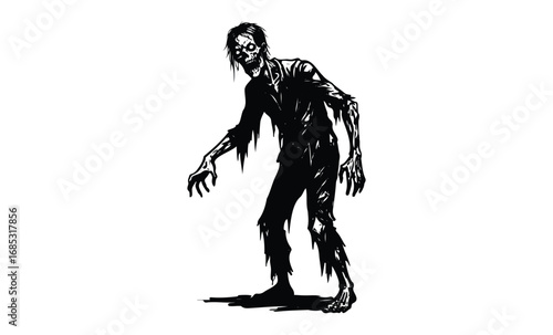 Creepy zombie figure with tattered clothes in black and white. Vector retro hand drawn illustration