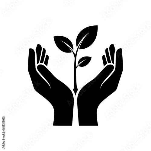 Black silhouette logo of hands cradling a growing plant, symbol of environmental care, nurturing