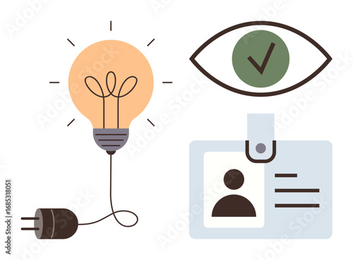 Plugged-in bulb, eye with checkmark, and ID badge convey concepts of innovation, validation, identity, safety, authentication, creative thinking and compliance. Ideal for tech business education