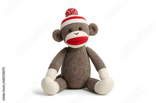 Grey sock monkey, winter hat, studio shot, white background, toy