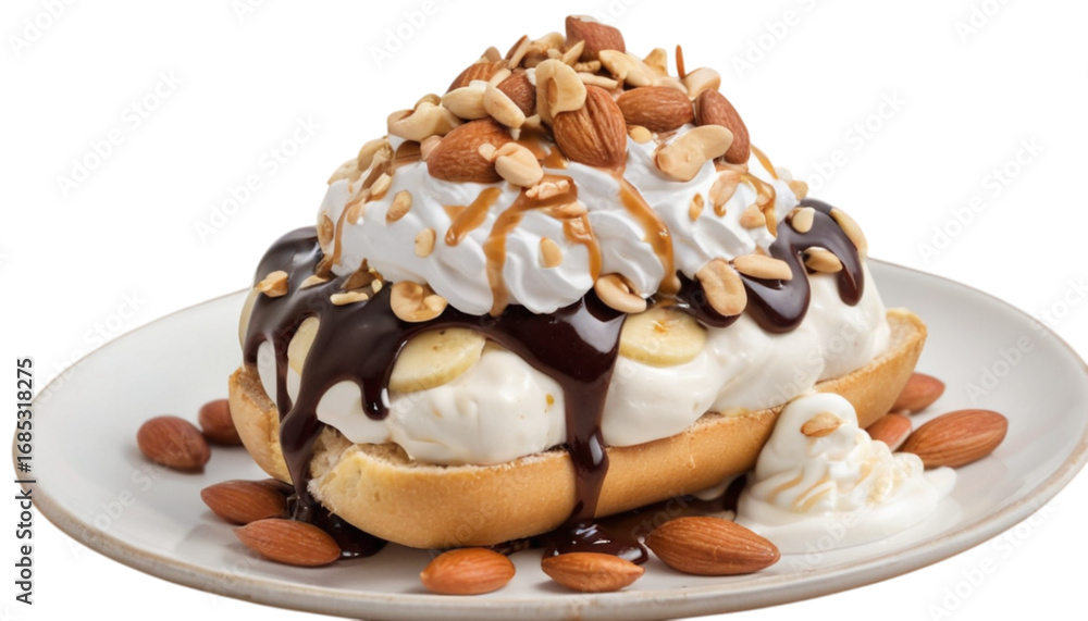 Fototapeta premium Delicious Sundae Delight: A delectable sundae, overflowing with vanilla ice cream, banana slices, luscious chocolate sauce, and whipped cream.