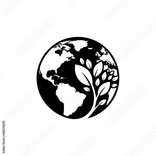 Earth globe with a growing plant black silhouette logo design, symbolizing an ecology and sustainability concept