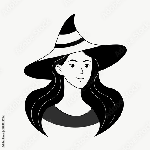 Stylized illustration of a young witch wearing a striped pointed hat