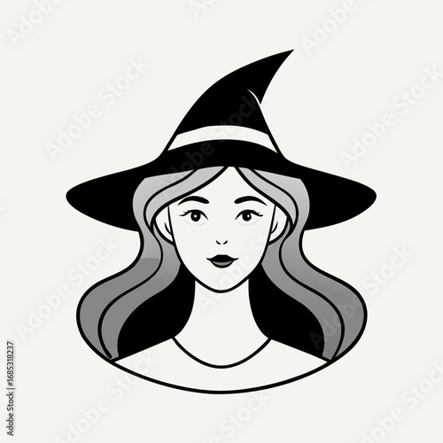 Stylized illustration of a young witch wearing a classic black pointed hat