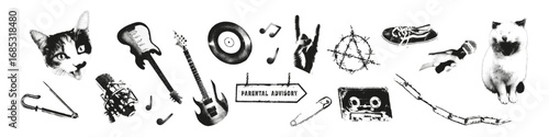 Monochrome grunge stickers set with retro stipple photocopy effect. Punk rock elements with cats, guitars, cassette tape and edgy symbols for posters, merch, cover and print design Vector illustration
