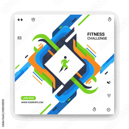Vibrant graphic promoting a fitness challenge, featuring a stylized runner icon amidst dynamic abstract shapes and energetic colors, ideal for social media.