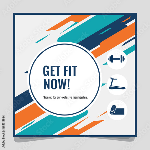 A vibrant and modern graphic design, featuring dynamic abstract shapes and essential fitness equipment icons, powerfully promotes an exclusive gym membership.