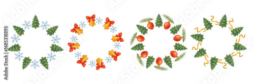 Christmas frame with fir tree, snowflakes, balls, candies, needles, bells. Cute watercolor style, isolated on white background. hand drawn clipart, vector