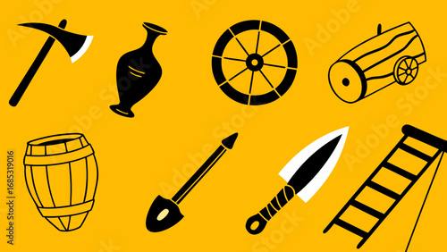 Antique tools and equipment vector illustration set axe wheel barrel cannon ladder shovel vase