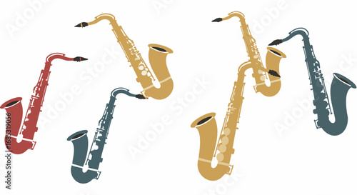 Colorful stylized saxophones in a dynamic musical arrangement, perfect for jazz and music-themed designs.