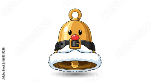 A cute golden Christmas jingle bell decorated like Santa Claus with a red nose and white beard.