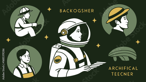 Astronaut illustration with vintage portraits and retro space exploration theme art work