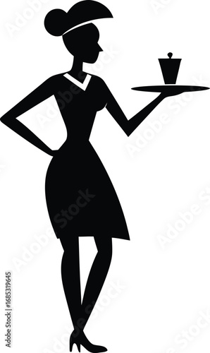 Vector silhouette of a waitress holding a tray with a cup