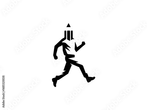 Dynamic figure with pencil head running forward, symbolizing creativity and progress in motion