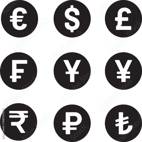 Round circle icon set for currency money euro dollar pound franc yen ruble rupee lira finance economy banking exchange trading investment. Pixel perfect icons editable stroke.