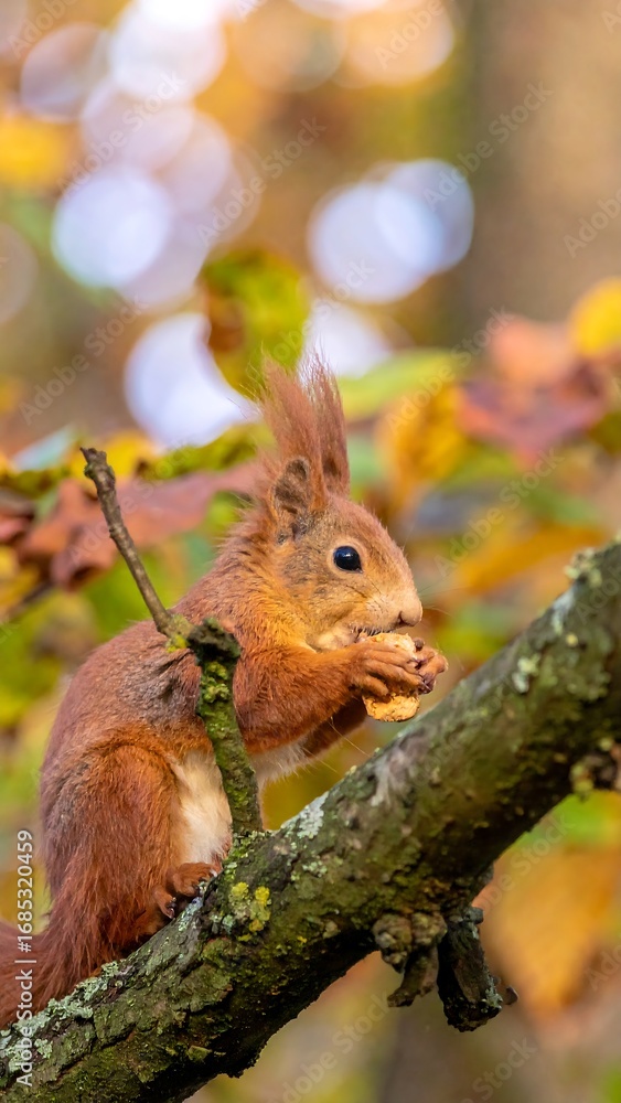 Fototapeta premium Red squirrel on branch, autumnal background