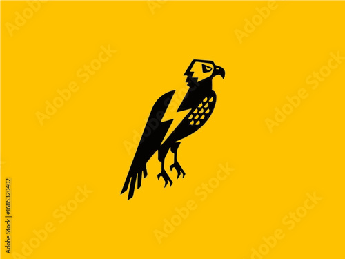 Stunning falcon illustration with a lightning bolt, symbolizing power and freedom on a bright yellow