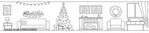 Christmas living room graphic black white interior long sketch illustration vector 
