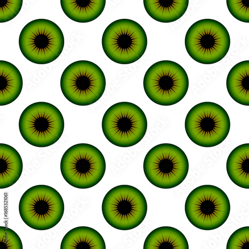 Seamless pattern with green gradient circles on white background, each containing a black star shape. Design resembles both kiwi slices and stylized eye irises, perfect for modern decorative use.