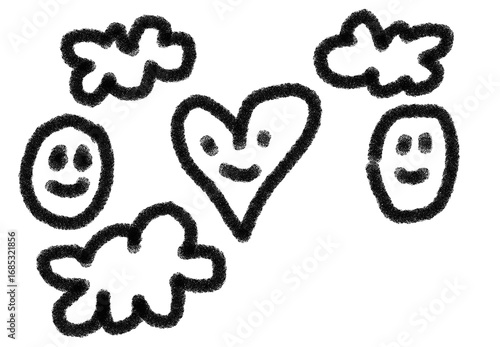 Hand drawn cartoon faces and heart on white drawing isolated on a transparent background