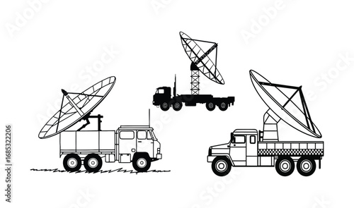 Communication vehicles featuring satellite dishes and truck mounted antenna arrays shown in black and white.