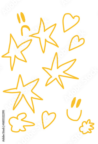 Yellow pixelated stars and hearts on white abstract isolated on a transparent background