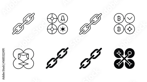 Blockchain Technology vector Icons:  Simple, Modern, Minimalist Line Art and Solid Black Glyph Styles for Cryptocurrency, Networking, and Data Security Concepts.