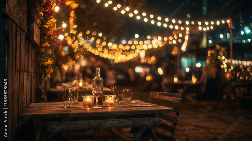 Obraz premium A rustic wooden table set with glasses, candles, and a bottle under warm string lights at night time