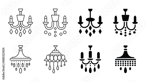 Elegant Chandelier vector Icons:  Modern Line Art and Solid Black Styles, Eight Unique Designs,  Perfect for Interior Design Projects and Home Decor Websites.