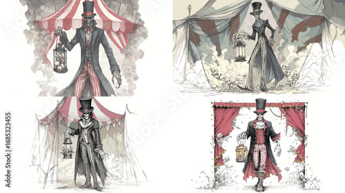 Illustration of a mysterious circus ringmaster in a dark tent holding a lantern. Perfect for gothic circus, fantasy, and horror-inspired artwork.