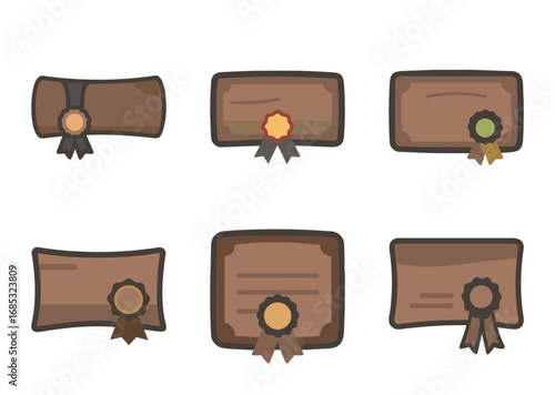 Assortment of different cartoon certificate and diploma illustration images against white background