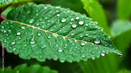 Close-up of a green leaf with rain droplets, blurred plants in the background create a soft, natural ambiance.
