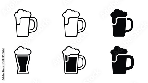 Collection of Six Beer Mug vector Icons: Outline, Filled, and Silhouette Styles in Black and White for Brewery, Pub, or Bar Branding.