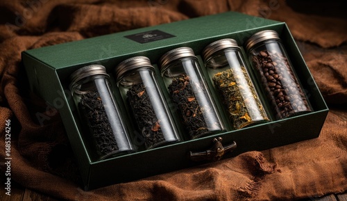 Gift box of assorted teas in clear glass jars