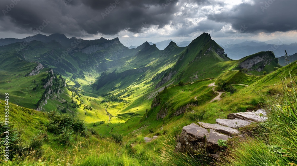 Naklejka premium Green Mountain Landscape with Valleys and Cloudy Sky