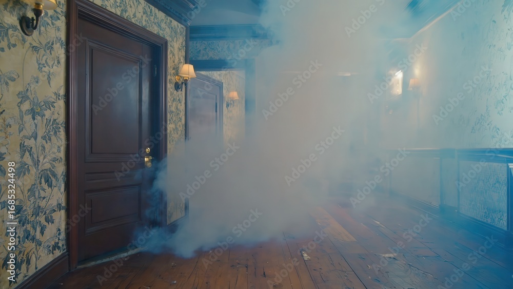 Fototapeta premium Smoke filling vintage hallway with wooden floor and floral wallpaper