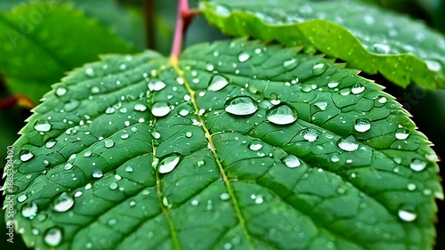 Detailed view of a green leaf adorned with water droplets, with softly blurred foliage behind it.