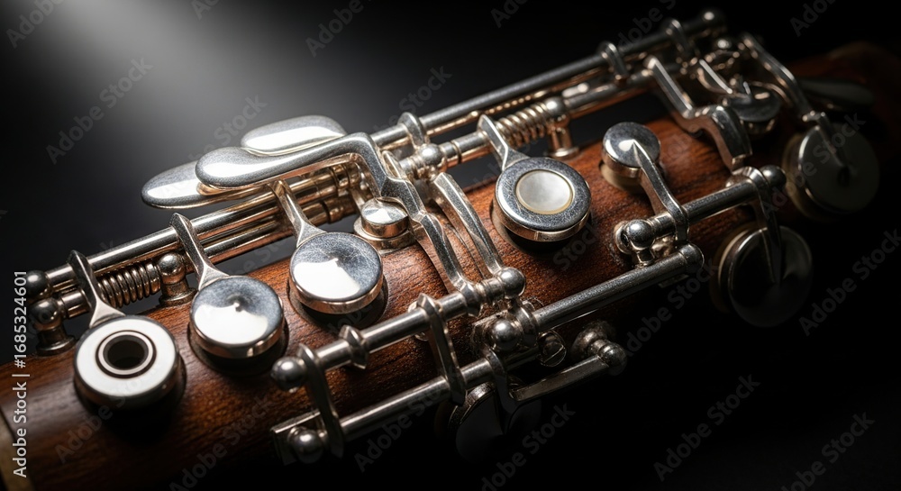 Fototapeta premium Close-up of the Polished Silver Keys and Rich Wooden Body of a Classical Woodwind Instrument on a Dark Background