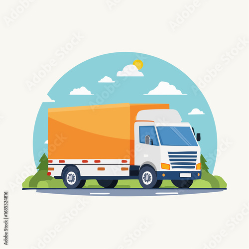 Cartoon Delivery Truck On Road With Blue Sky