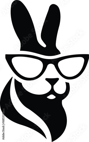 Rabbit silhouette wearing glasses bunny art, Cute black and white rabbit face illustration