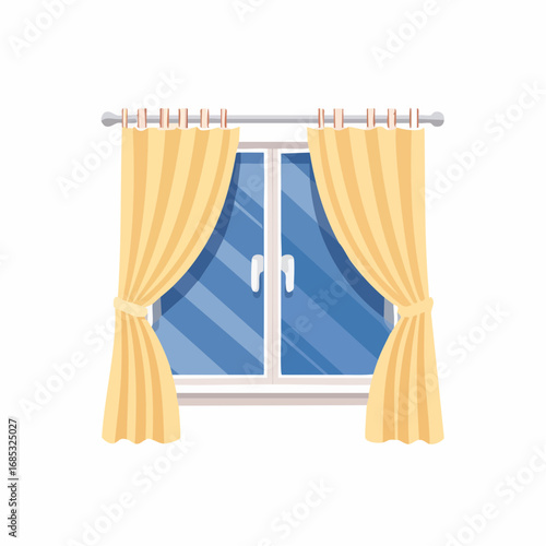 Illustration Of Window With Yellow Curtains And Blue Glass