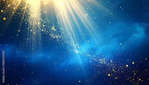 Golden light beams through a blue nebula