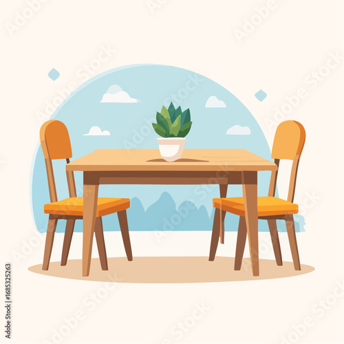 Simple Dining Set Illustration With Orange Chairs And Wooden Table