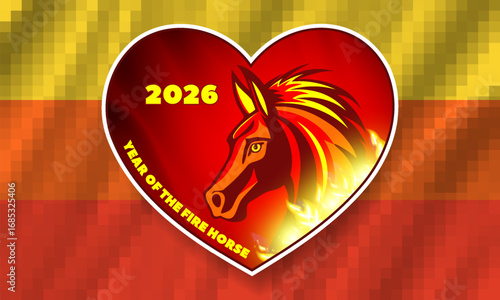 Vector love sticker or burning badge, bright saturated contrasting red glow heart. 2026 year of the fire horse. Hot yellow flame. Amour. China horoscope. Pixels