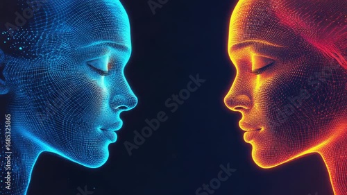 Two wireframe faces approaching for a kiss representing love in the digital age